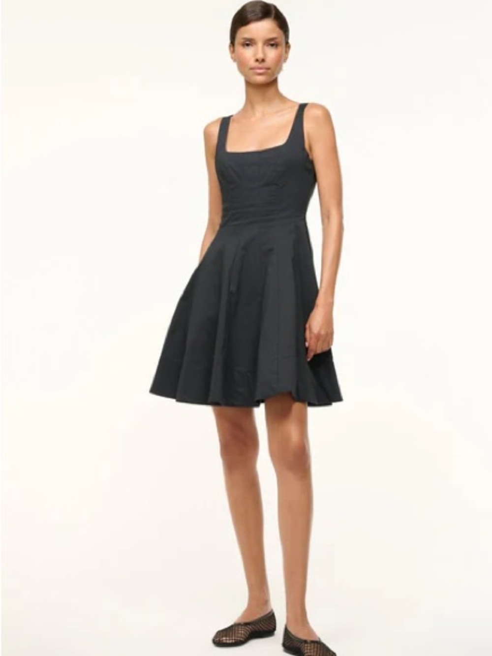 STAUD Black Square-Neck Mini Fit-and-Flare Dress